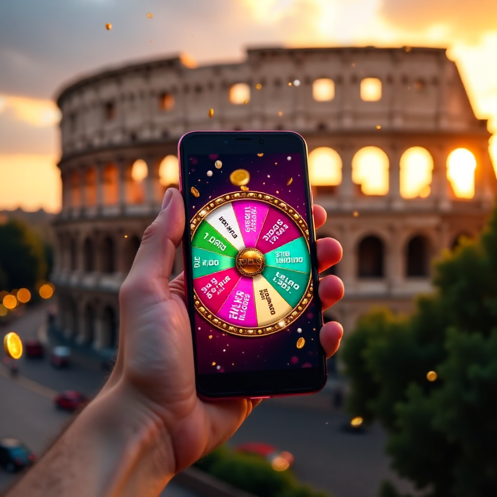 A hand holding a high-end smartphone displaying the official Crazy Time live wheel with vibrant pink and teal interface, background is the Roman Colosseum at sunset with Italian tricolor green-white-red confetti and golden coins exploding from the screen,